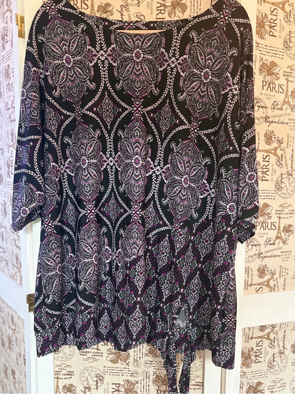 Roz & Ali Black Tunic with Purple and White Medallion Print
